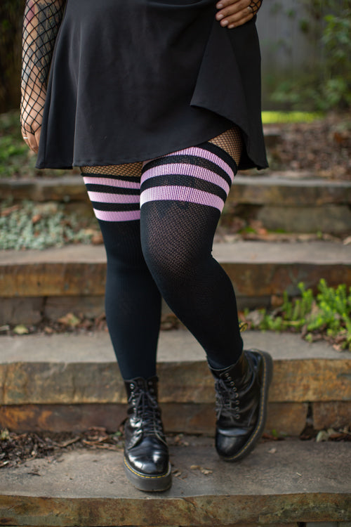 Americana Thigh High Socks - Black with Rose Pink