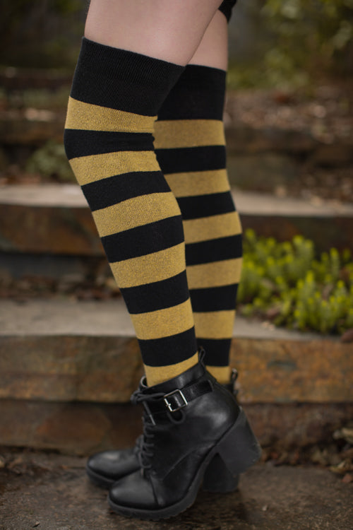 Extraordinary Striped Thigh High Socks - Black & Honey