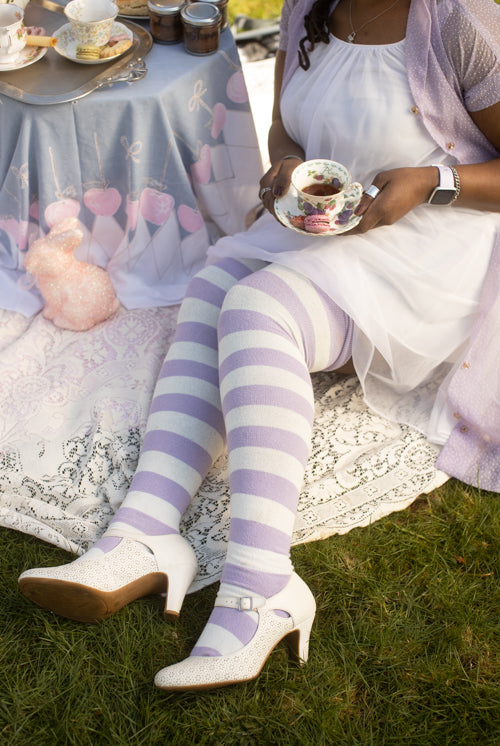 Extraordinarily Longer Striped Thigh High Socks - Lilac/Sweet Cream