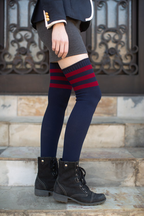 Oops! Americana Preppy Thigh High Socks - Navy and Red