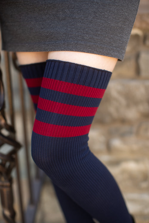 Americana Preppy Thigh High Socks - Navy/Red