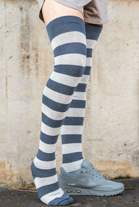 Oops! Extraordinarily Longer Striped Thigh High - Steel Blue & Sweet Cream