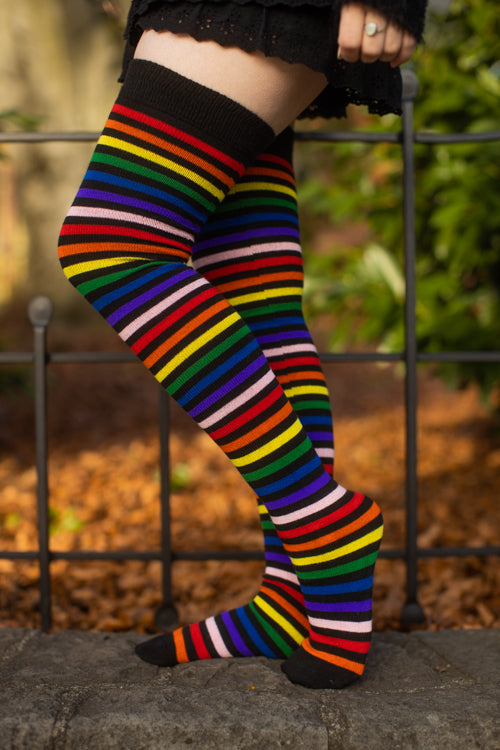 Rainbow Brights Thigh High Socks - Black Rainbow