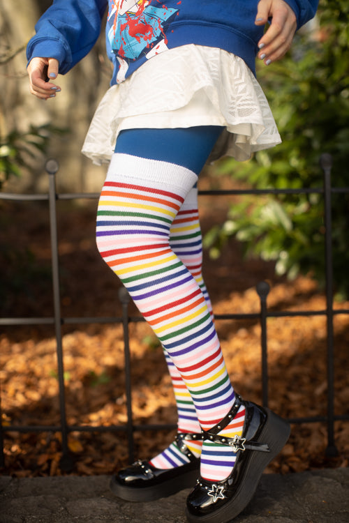 Rainbow Brights Thigh High Socks - White Rainbow