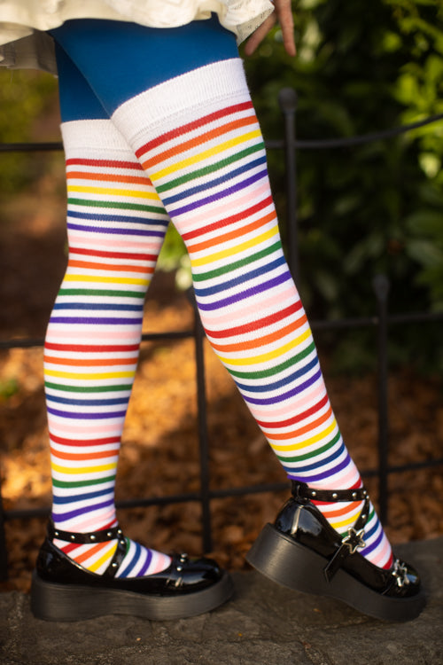 Rainbow Brights Thigh High Socks - White Rainbow