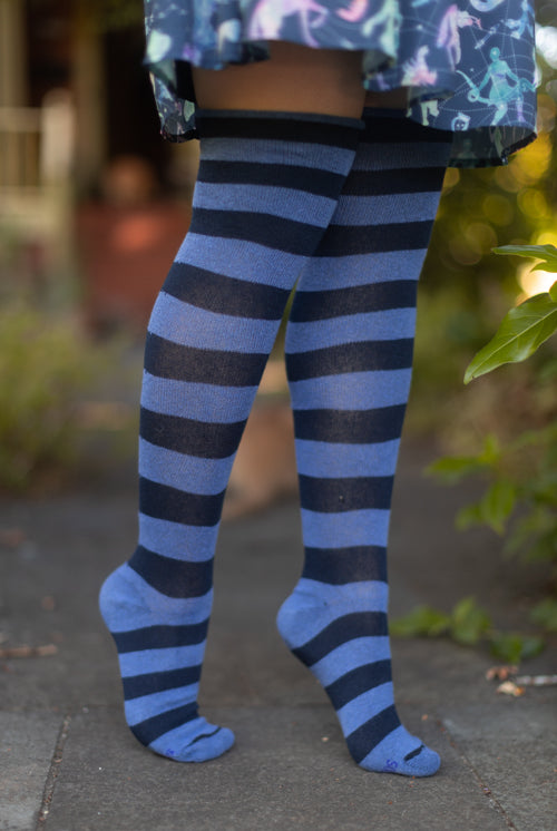 Roll Top Striped Knee Socks - Denim/Navy
