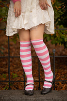 Roll Top Striped Knee Socks - Bubblegum/White