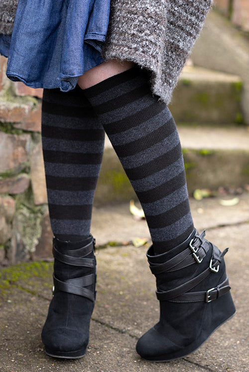 Roll Top Striped Knee Socks - Black/Dark Charcoal