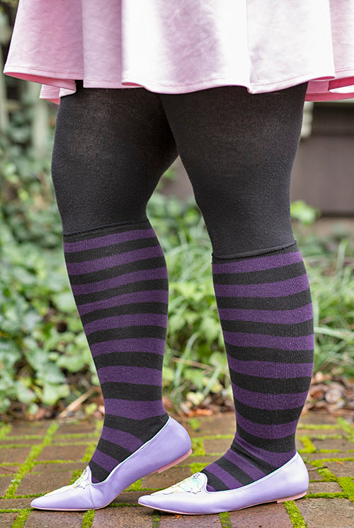 Roll Top Striped Knee Socks - Black/Plum