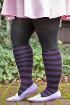 Roll Top Striped Knee Socks - Black/Plum