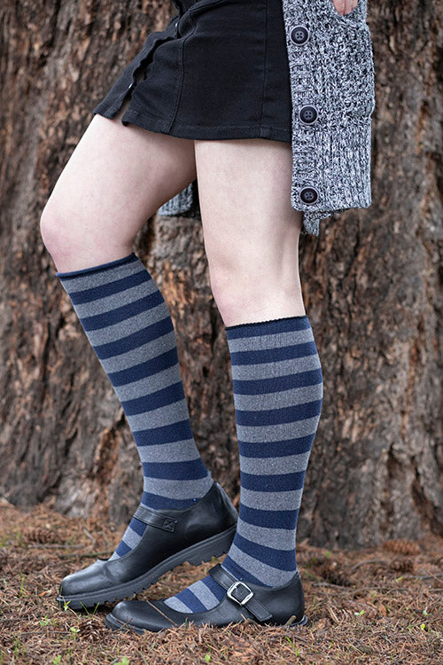 Roll Top Striped Knee Socks - Navy/Charcoal