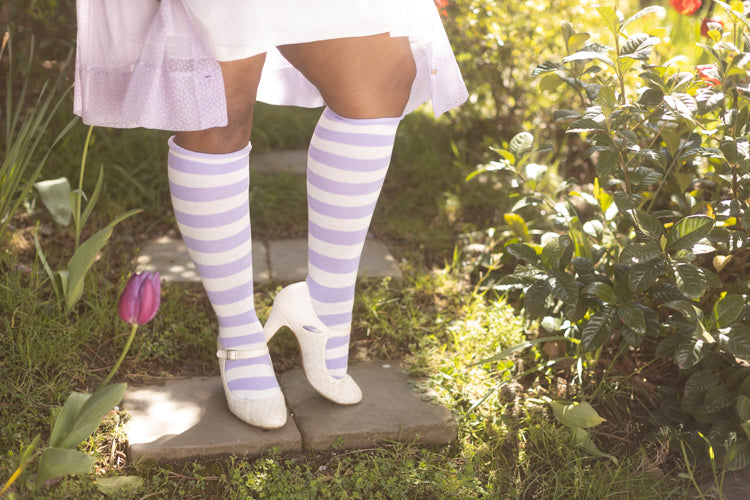 Roll Top Striped Knee High Socks - Lilac/Sweet Cream
