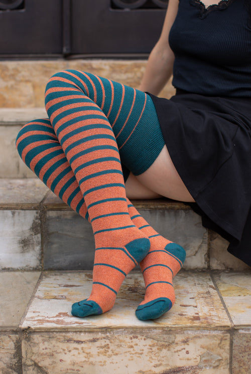 Extraordinarily Longer Gradient Stripe Socks - Teal/Spice