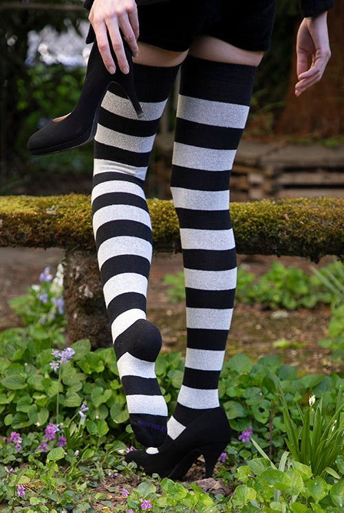 Extraordinarily Longer Striped Thigh High Socks - Black & Sweet Cream