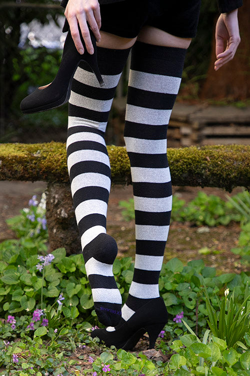 Extraordinarily Longer Striped Thigh High Socks - Black & Sweet Cream