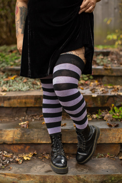 Extraordinarily Longer Striped Thigh High Socks - Black & Lilac