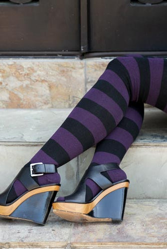 Extraordinarily Longer Striped Thigh High Socks - Plum & Black