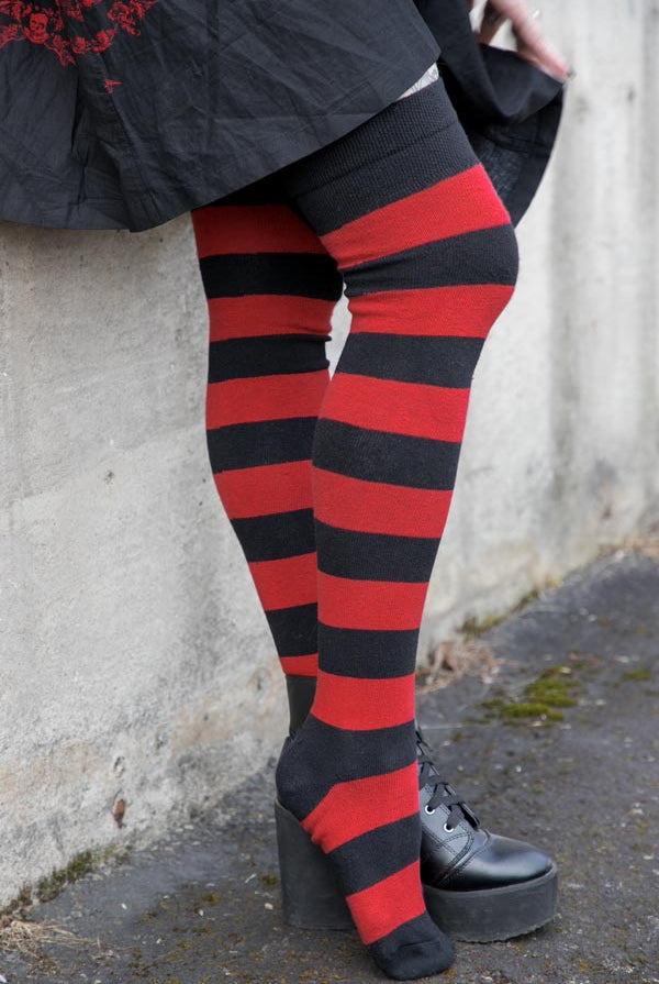 Extraordinary Striped Thigh High Socks- Black & Red