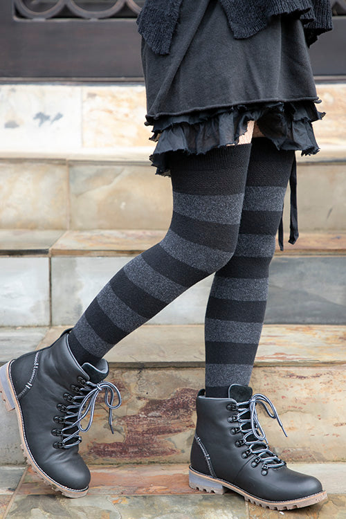 Extraordinary Striped Thigh High Socks - Black & Dk. Charcoal