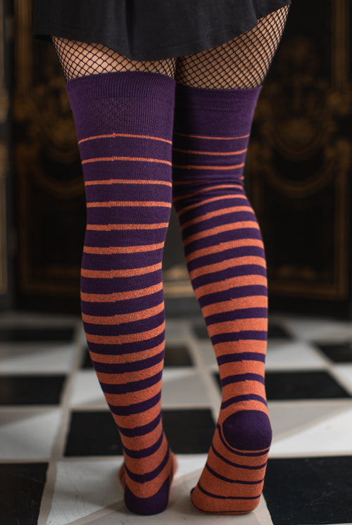 Top-Striped Marled Scrunchable Thigh High Socks