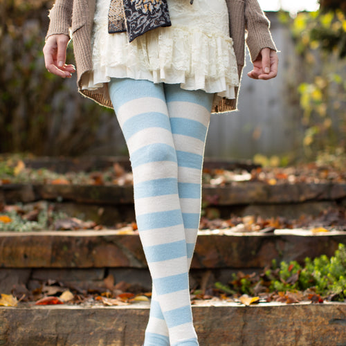 Extraordinarily Longer Striped Thigh High Socks - Lt. Blue & Sweet Cream