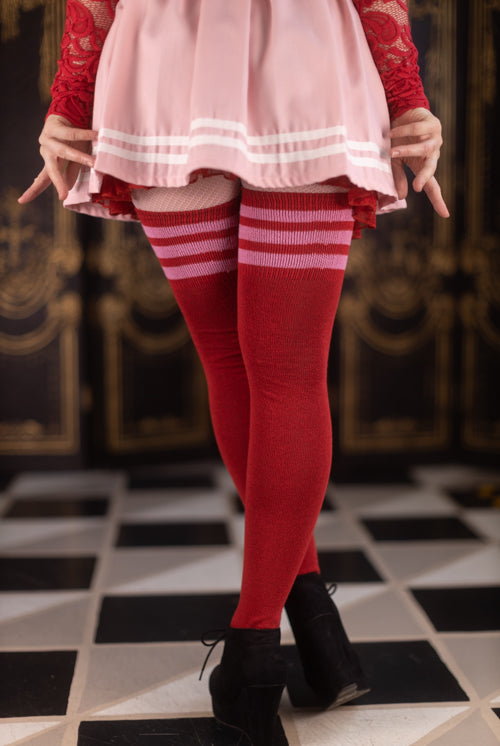 Cotton Top-Striped Extraordinarily Longer Thigh High - Cherry w/ Bubblegum