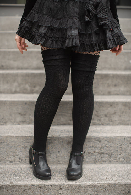M45 Ribbed Thigh High with Roll Top - Black