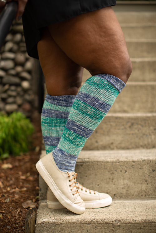 Marled Stripe Knee Socks - Ocean