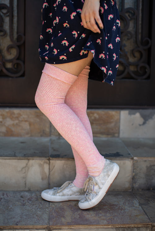 Marled Scrunchable Thigh High Socks - Pink