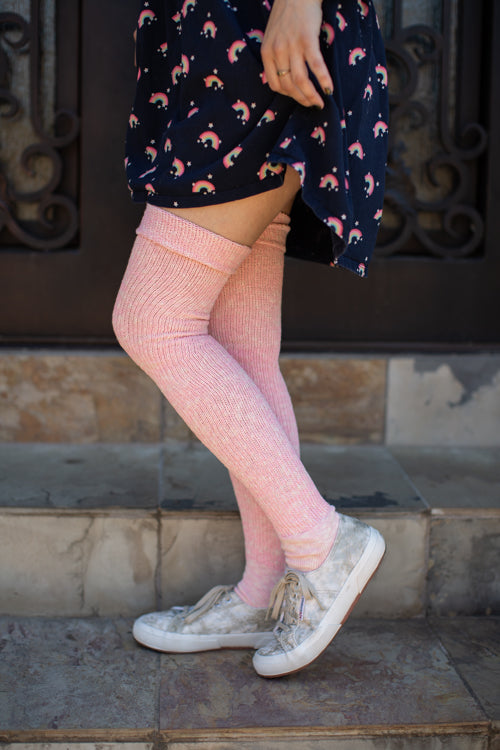 Marled Scrunchable Thigh High Socks - Pink
