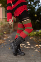 Nightmare Sweater Stripes Thigh High - Olive/Red