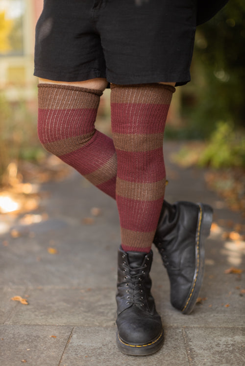 Nightmare Sweater Stripes Thigh High - Earth/Dark Red
