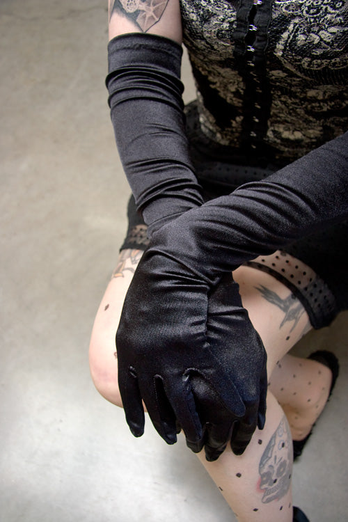 Extra Long Satin Gloves, Girl's, Size: One size, Black
