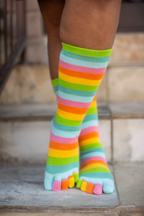 Tabi Socks- Comfortable Yellow/Green/Blue Stripes Ankle-High Toe