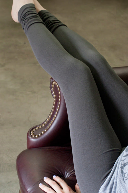 High Waisted Full Length Leggings - Dark Grey - OS