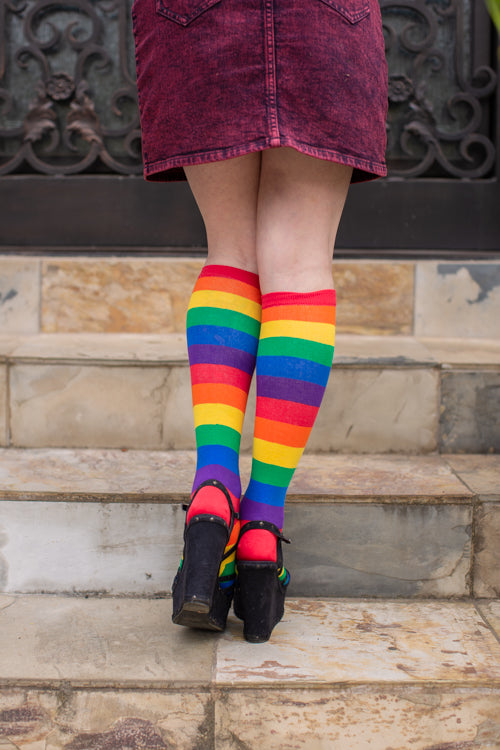 Women's Red Rainbow Stripe Knee High Socks