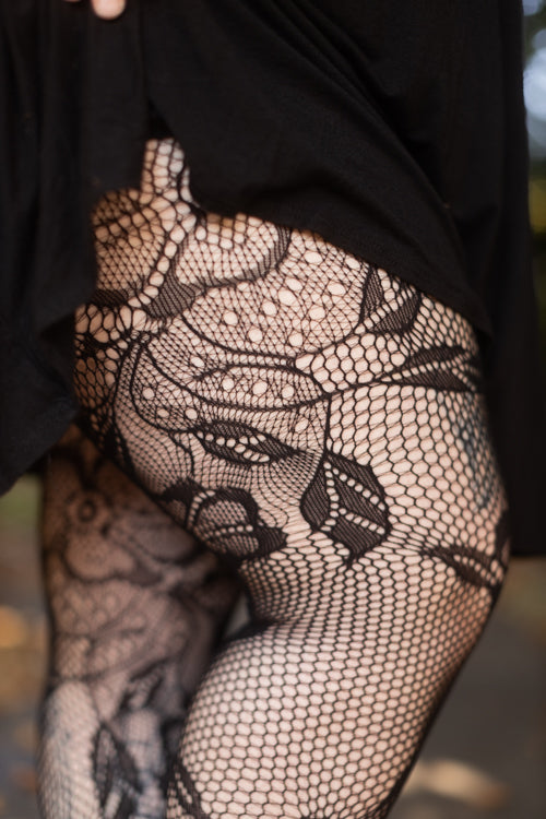 Plus Size Side Whimsical Floral Inset Net Tights