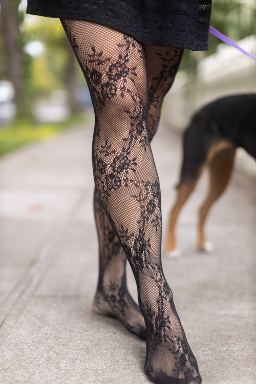 Orchid Leaf Lacy Black Gothic Tights