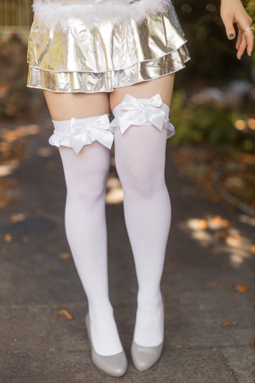 Leg Avenue - Opaque Thigh Highs with Satin Ruffle Trim and Bow - White - One Size