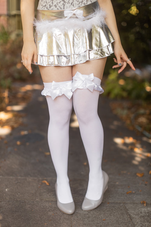 Satin Ruffle Trim Opaque Thigh High with Bow - White
