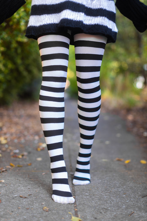Black and White Tights - Striped Nylon Stretch Pantyhose Stocking