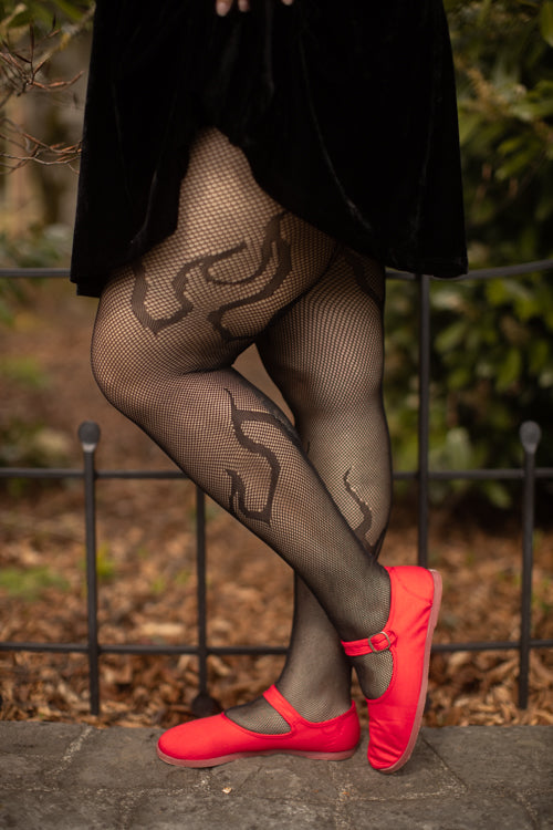 Fire Me Up Fish Net Flame Tights - Black