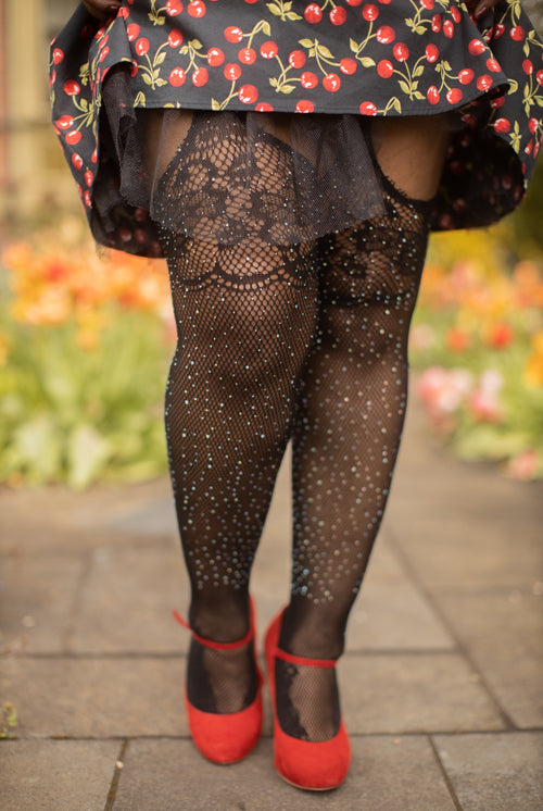 Plus Size Rhinestone Lace Top Fishnet Stockings with Attached Garter