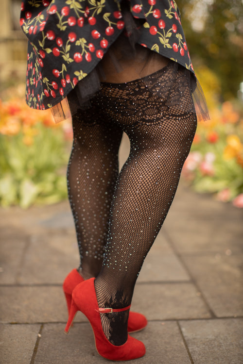 Plus Size Rhinestone Lace Top Fishnet Stockings with Attached Garter