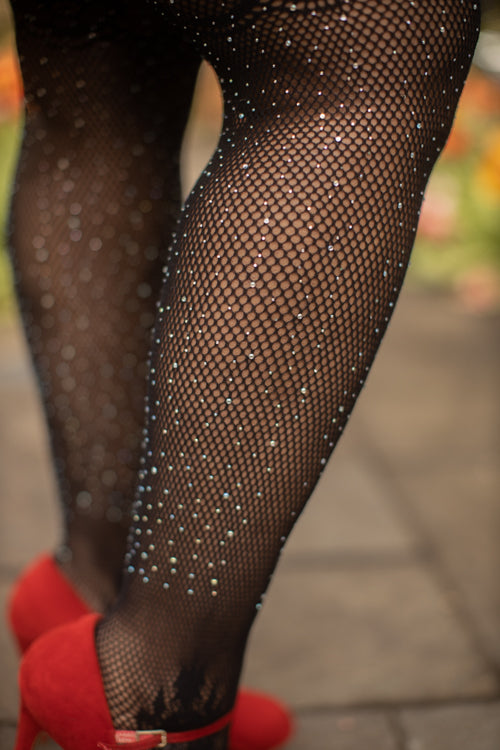 Rhinestone Lace Top Fishnet Stockings with Attached Garter – Sock