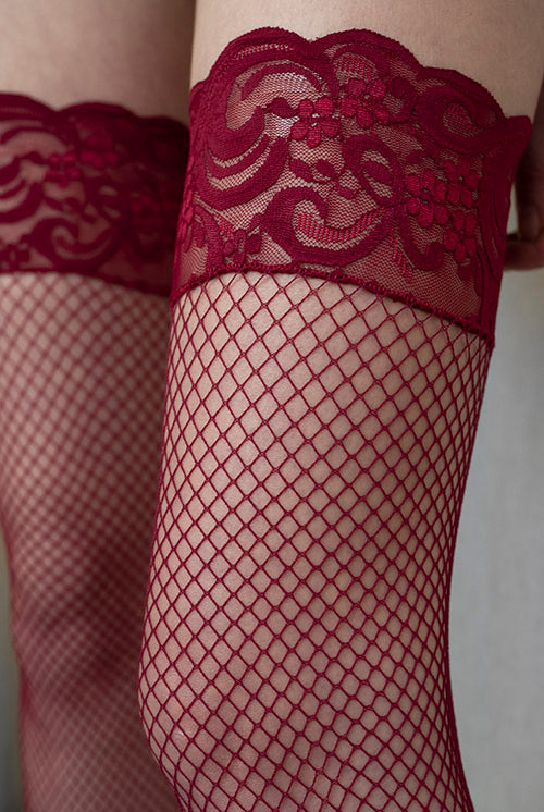 Backseam Fishnet Stockings with Stay Up Lace Top - Burgundy