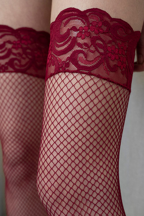 Red Lace Top Fishnet Hold Up Stockings