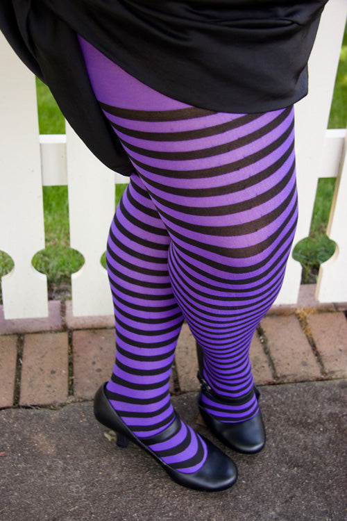 Black/Hot Pink, Queen/Plus Size Fun Striped Opaque Tights