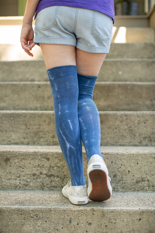O Tie Dye Knee Socks - Blue Shibori