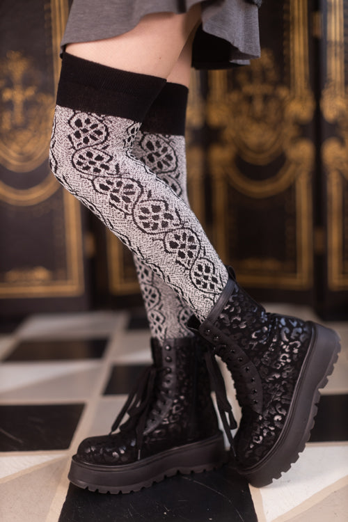 Flowering Vines Thigh High - Black/White